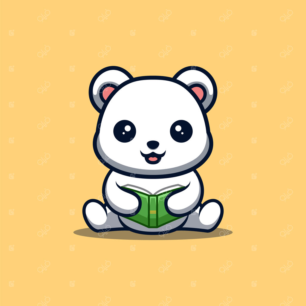 لوگوی مسکات کارتونی و خلاقانه خرس قطبیِ نشسته در حال کتاب خواندن