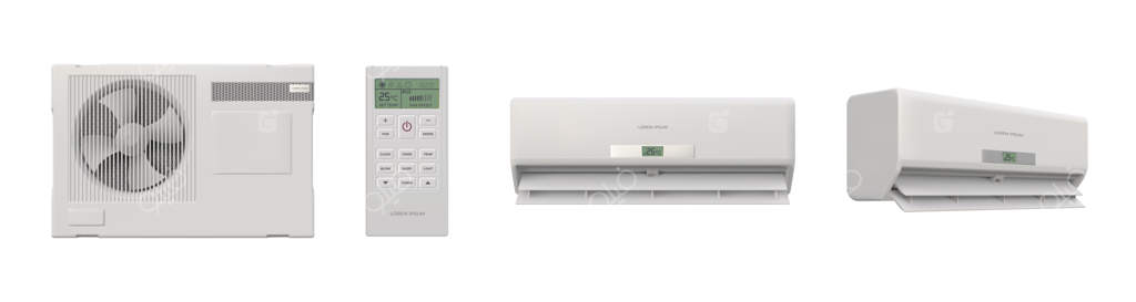 کولر گازی واقعی، ریموت کنترل، تهویه داخلی و خارجی. سیستم اسپلیت و تکنولوژی کنترل اقلیم. مجموعه وکتور کولر گازی برای اتاق به صورت سه‌بعدی. تصویرگری ریموت کنترل برای راحتی بیشتر.