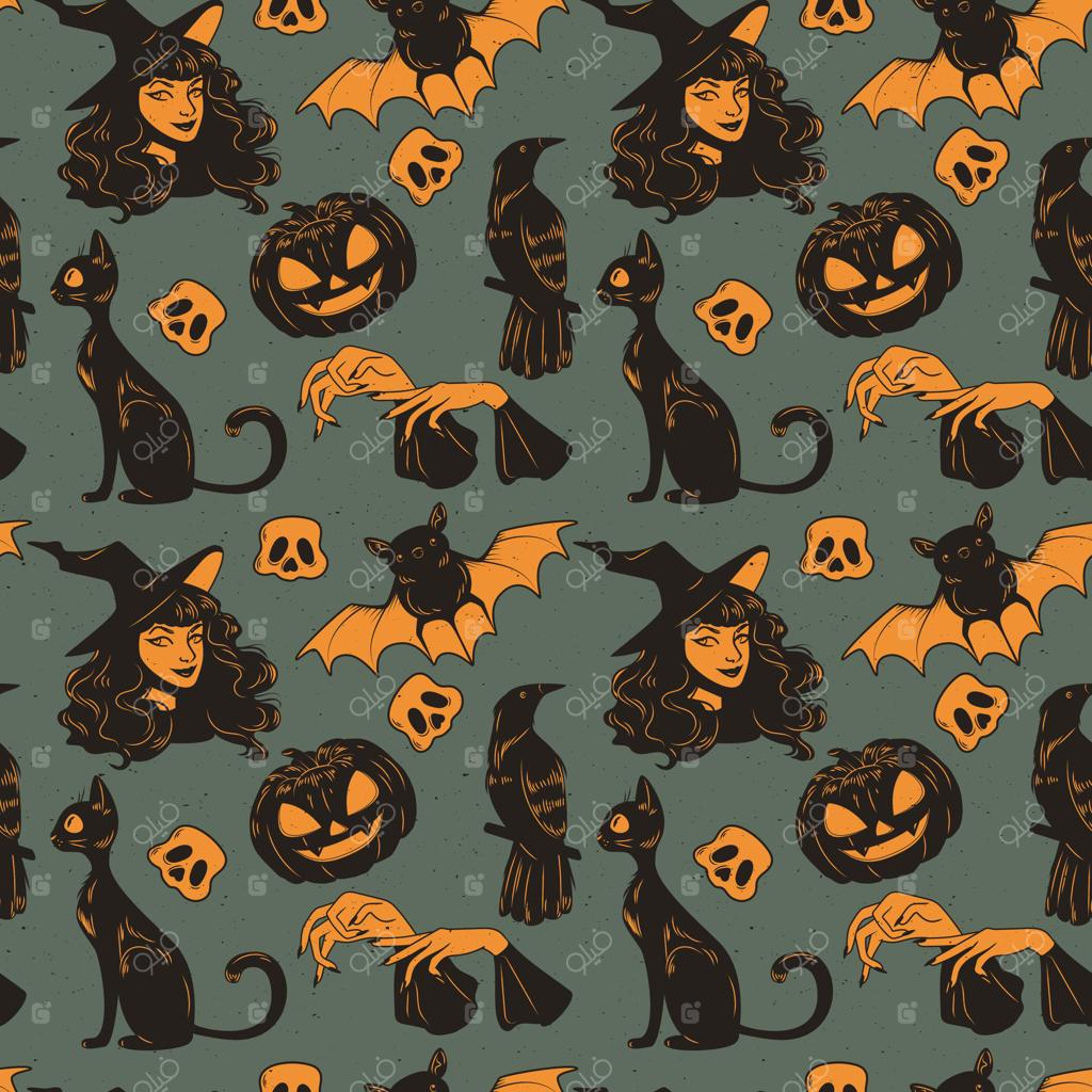 الگوی یکپارچه با مجموعه‌ای از عناصر دوست‌داشتنی هالووین دستی کشیده شده