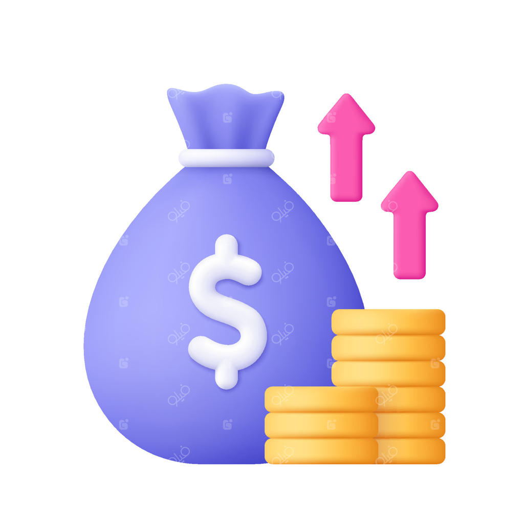 کیسه پول با علامت دلار، دسته‌ای از سکه‌های طلا و فلش. مفاهیم مالی، بانکی، سرمایه‌گذاری و رشد سود پول. آیکون سه‌بعدی. سبکی کارتونی و مینیمالیستی.