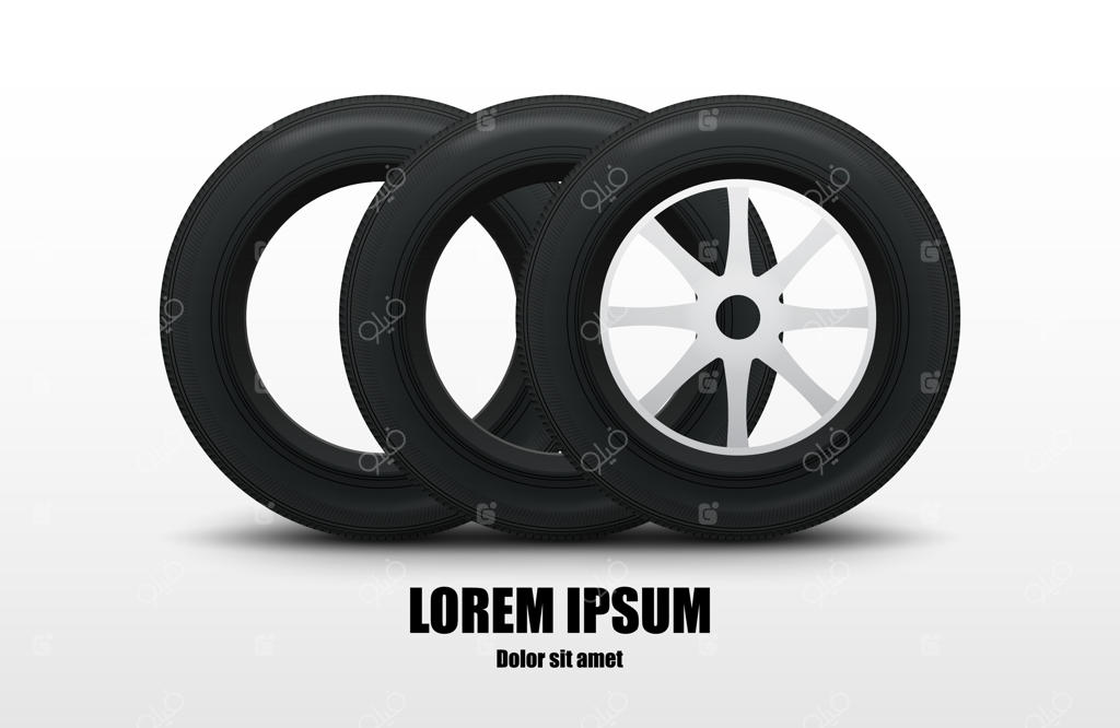 مجموعه‌ای از لاستیک‌ها و رینگ‌های خودرو - تایرهای واقعی سه‌بعدی روی زمینه سفید