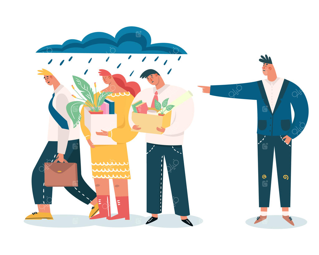 اخراج کارمندان توسط رئیس؛ مفهوم بیکاری و بحران شغلی. کارمندان غمگین با جعبه وسایل پس از از دست دادن شغل؛ اخراج نیروها به دلیل عملکرد ضعیف در آخرین روز کاری.