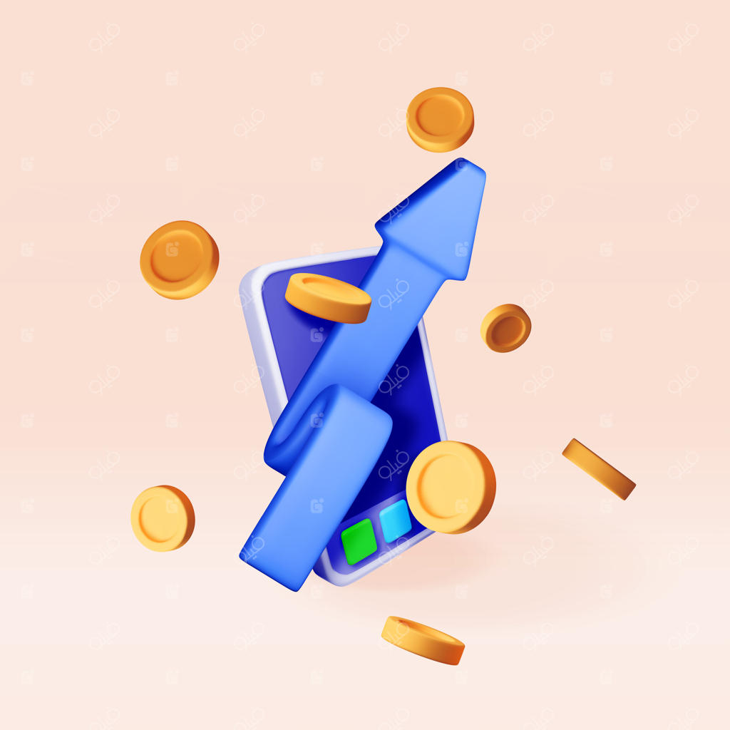 نمودار سهام سه‌بعدی و پیکان رشد سکه بر روی گوشی هوشمند: نمایش موفقیت و رشد مالی