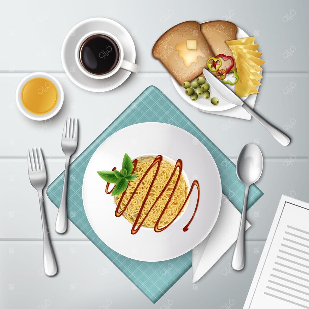 بشقاب اسپاگتی با سس گوجه، قهوه، آب‌میوه و نان تست روی چوب سفید