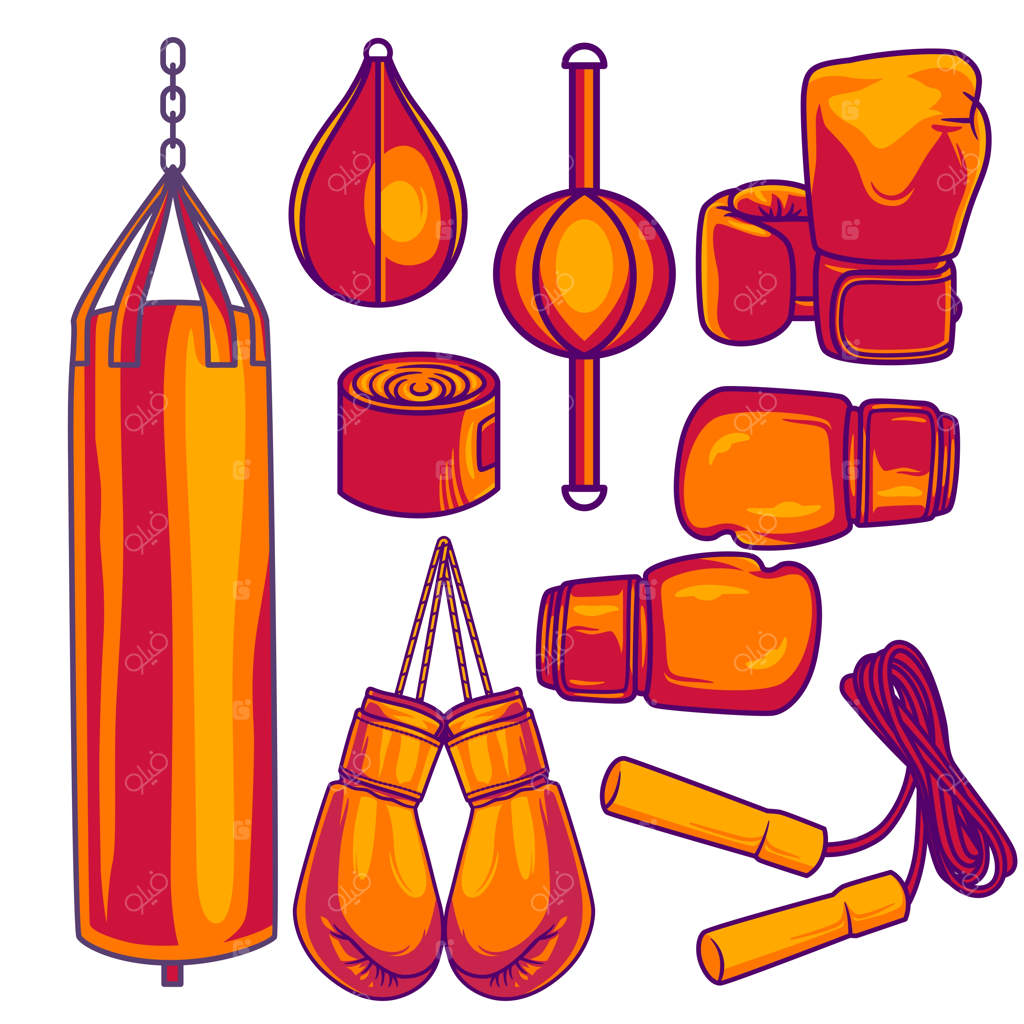 مجموعه ابزارهای تجهیزات بوکس با پیش‌زمینه سفید به صورت وکتور