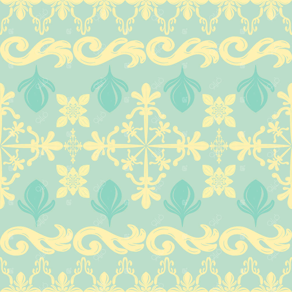 پترن مرزی و تکراری سلطنتی به رنگ‌های سبز ملایم و زرد با الهام از باغ‌های بوتانیک برای هنر لوکس و پارچه‌های ابریشمی دست‌ساز