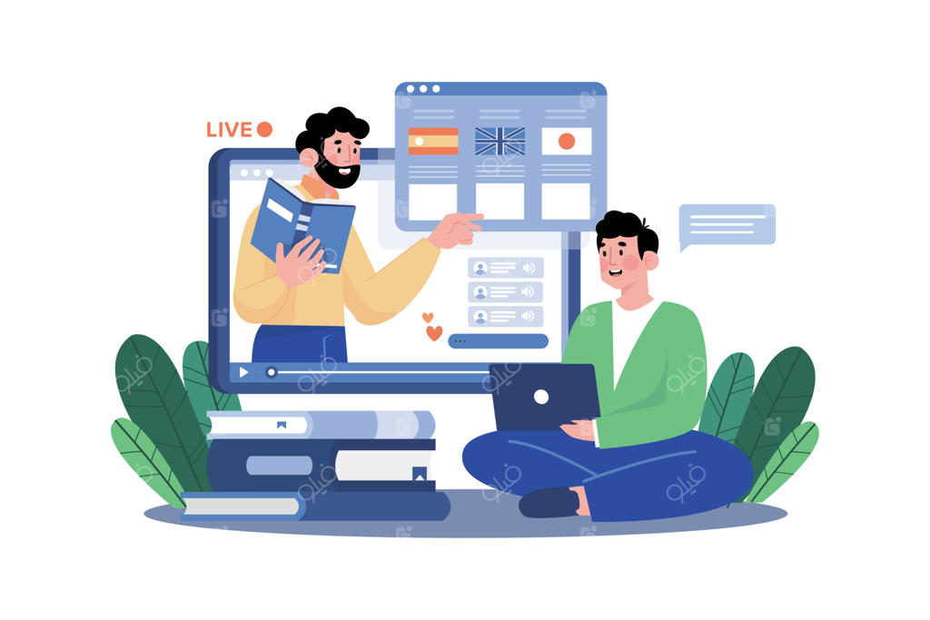 مردی در حال یادگیری آنلاین زبان‌های خارجی مختلف