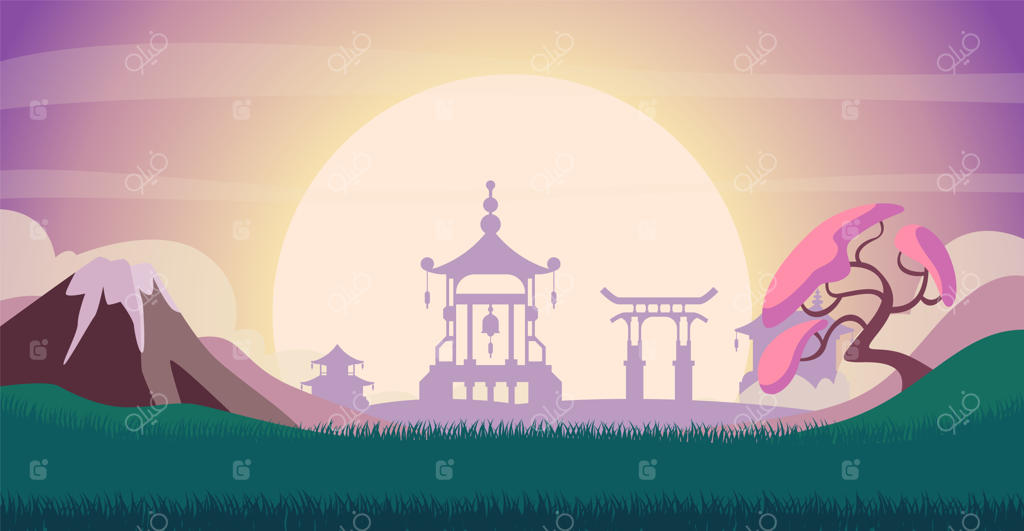 طلوع آفتاب در چشم‌انداز ژاپنی: ساختمان‌های آسیایی در کوه، مرتع رنگارنگ در دره - تصویر برداری