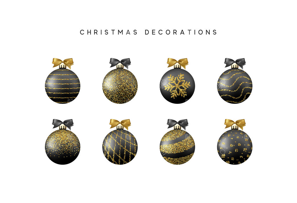 طراحی واقعی مجموعه تزئینات درخت کریسمس با توپ‌های مشکی. تصویرسازی برداری