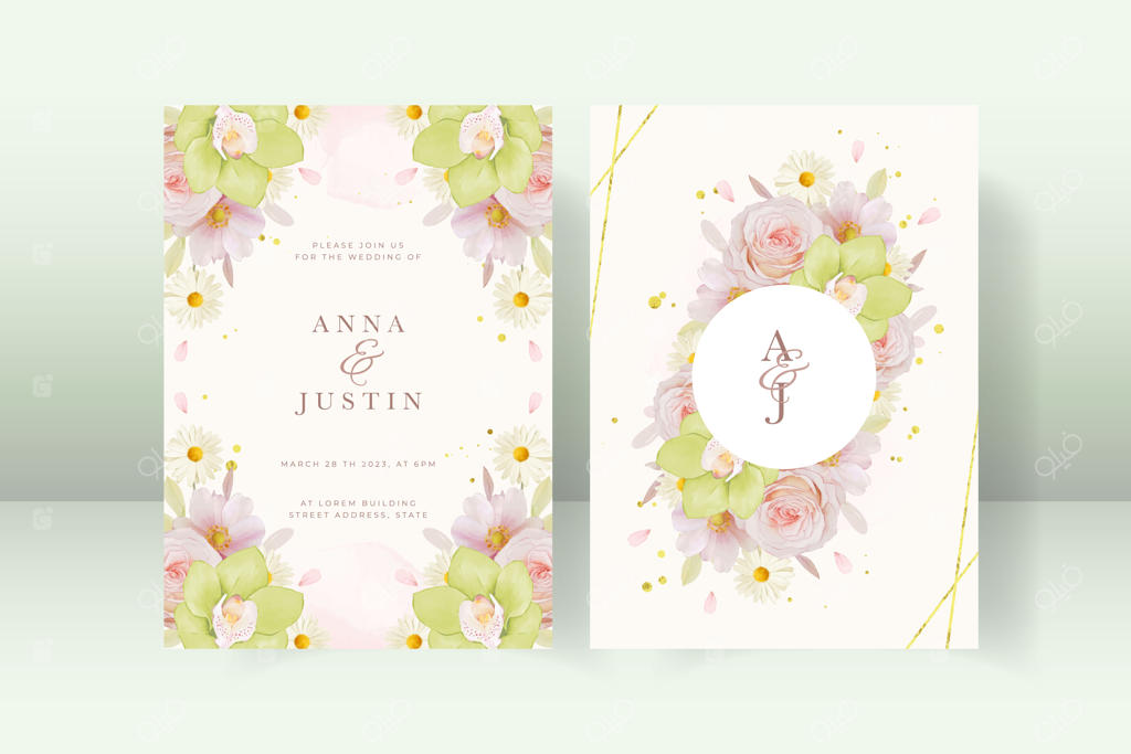 دعوتنامه عروسی با گل رز و ارکیده سبز