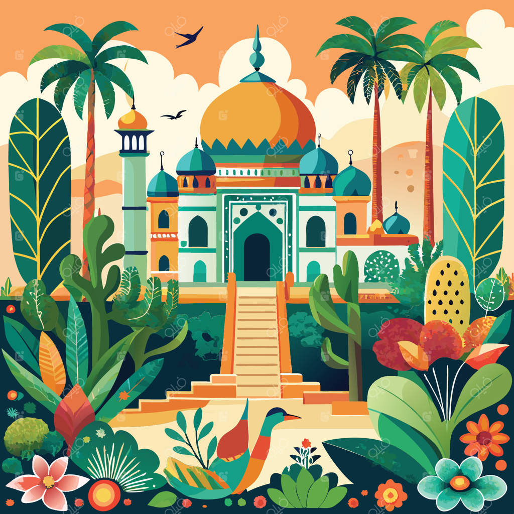 باغ رنگارنگ مغولی با پرندگان عجیب و گیاهان سرسبز