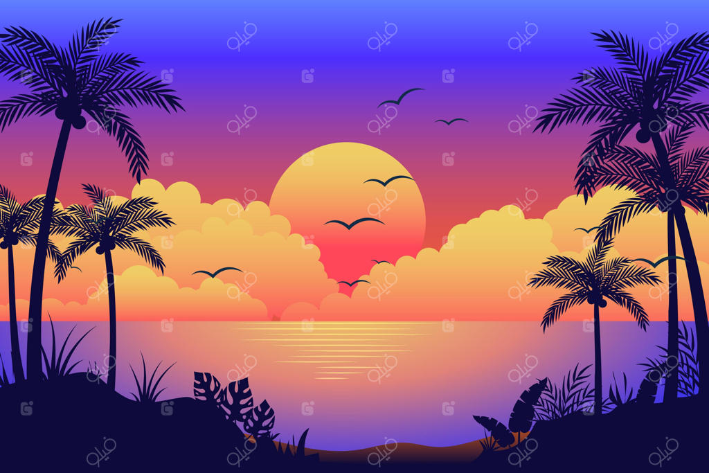 پس‌زمینه‌ای با طرح‌های رنگارنگ از سیلوئت‌های نخل