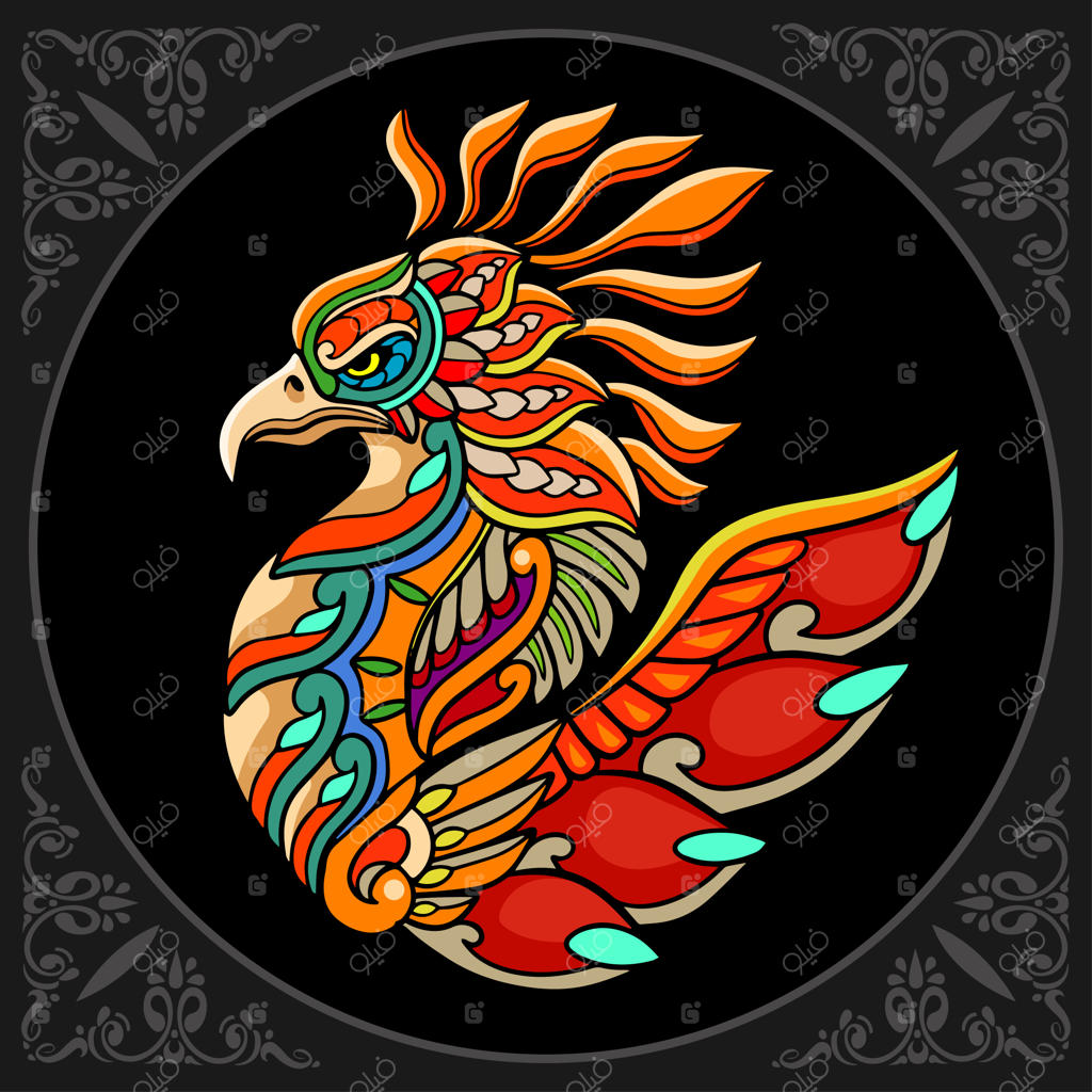 هنرهای زنتانگل پرنده ققنوس رنگارنگ بر روی زمینه سیاه