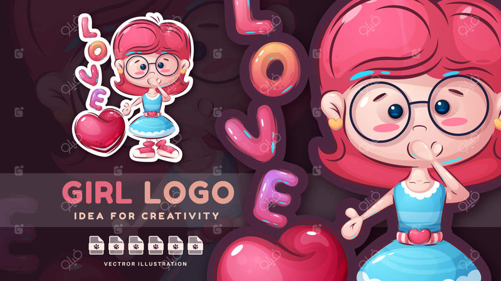 شخصیت کارتونی دختر زیبا با استیکر بامزه قلب – وکتور eps 10