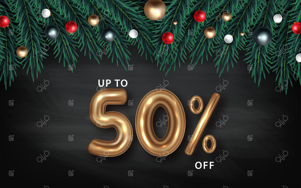 بنر حراج کریسمس: شاخه‌های درخت کاج واقعی با توت‌ها و توپ‌های تزئینی