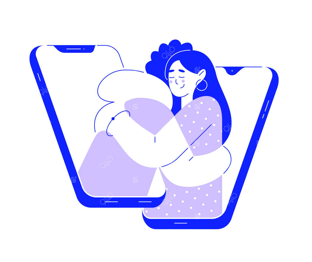 تصویر وکتوری با افراد در حال در آغوش گرفتن در پس‌زمینه یک تلفن هوشمند - خدمات پشتیبانی مجازی، کمک‌رسانی آنلاین، دستیار تلفنی - قالب مجزا هنر خطی