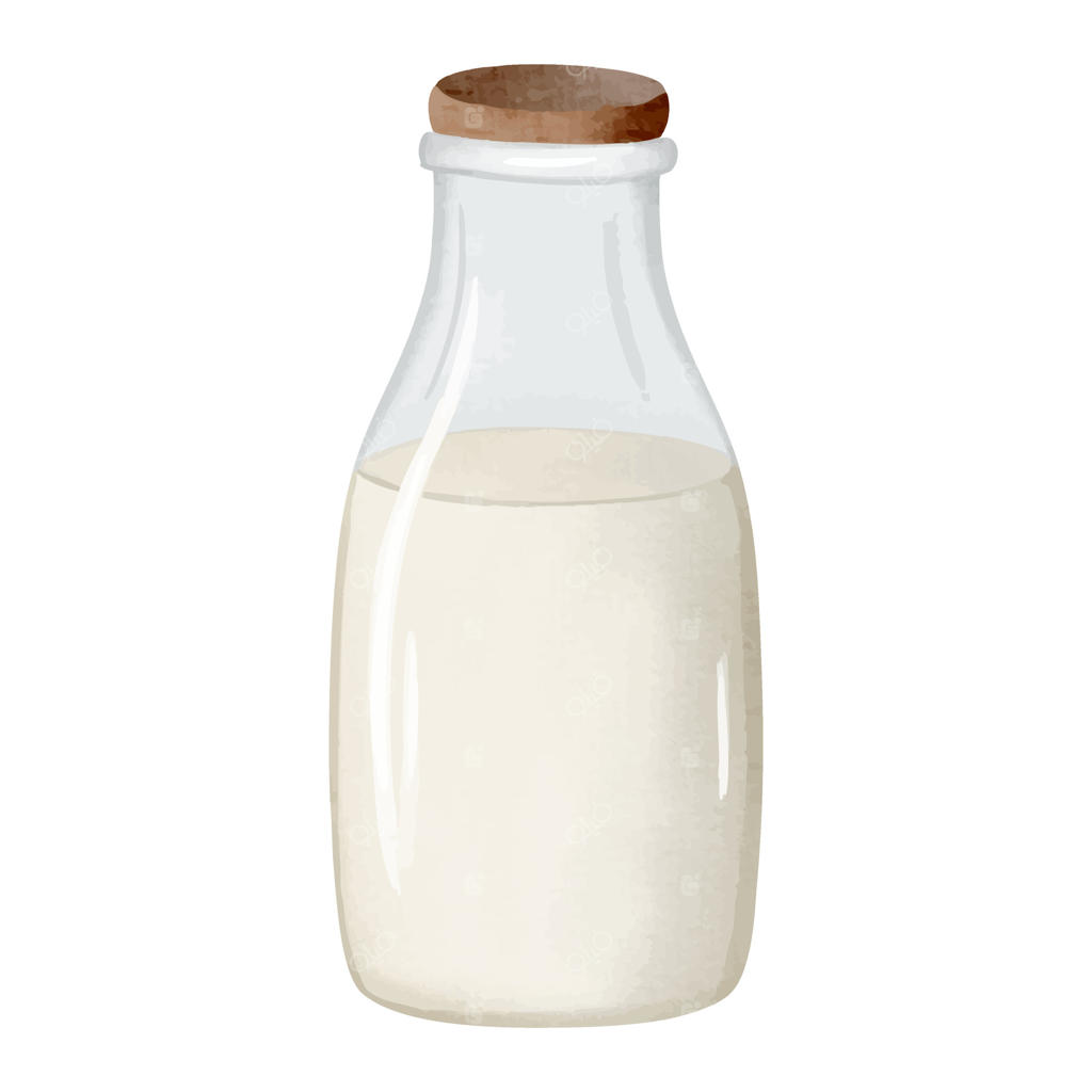 بطری شیشه‌ای شیر به سبک آبرنگ. کفیر، ماست یا بطری شیشه‌ای شیر. تصویرسازی دستی.