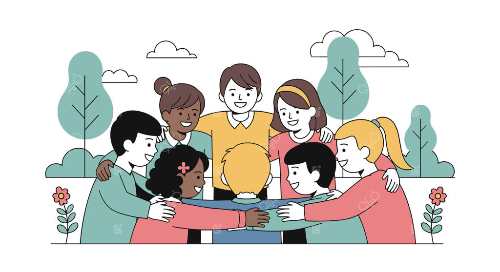 گروهی متنوع از افراد با پیوند دوستی و همبستگی در فضای باز و محیطی شاد