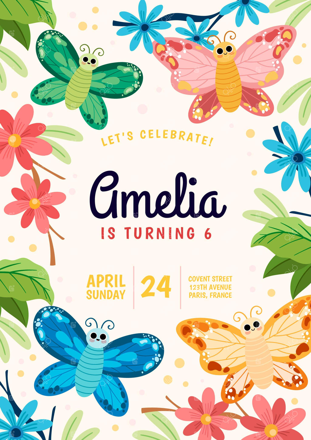 کارت دعوت تولد با طرح پروانه کارتونی