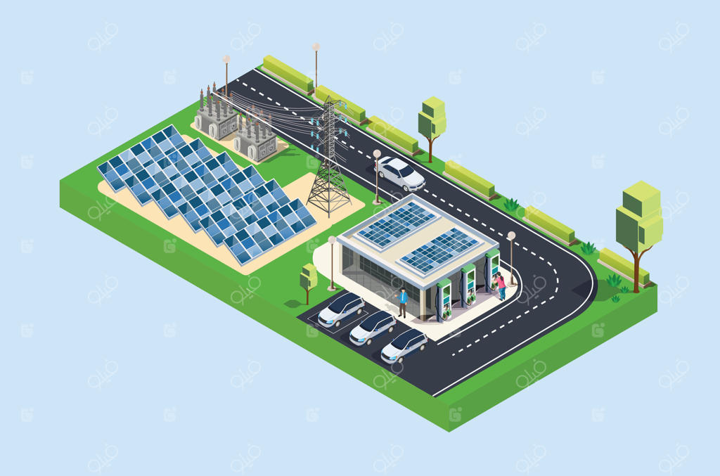 ایستگاه شارژ ایزومتریک برای خودروهای الکتریکی فوق سریع با استفاده از پنل‌های خورشیدی و تعداد زیادی نقطه شارژ، مناسب برای نمودارها، اینفوگرافیک‌ها و سایر منابع گرافیکی