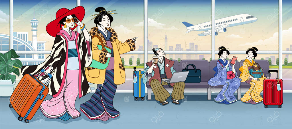 افرادی به سبک اوکی‌یوئه در فرودگاه با پوشیدن کیمونوهای مدرن در انتظار پرواز