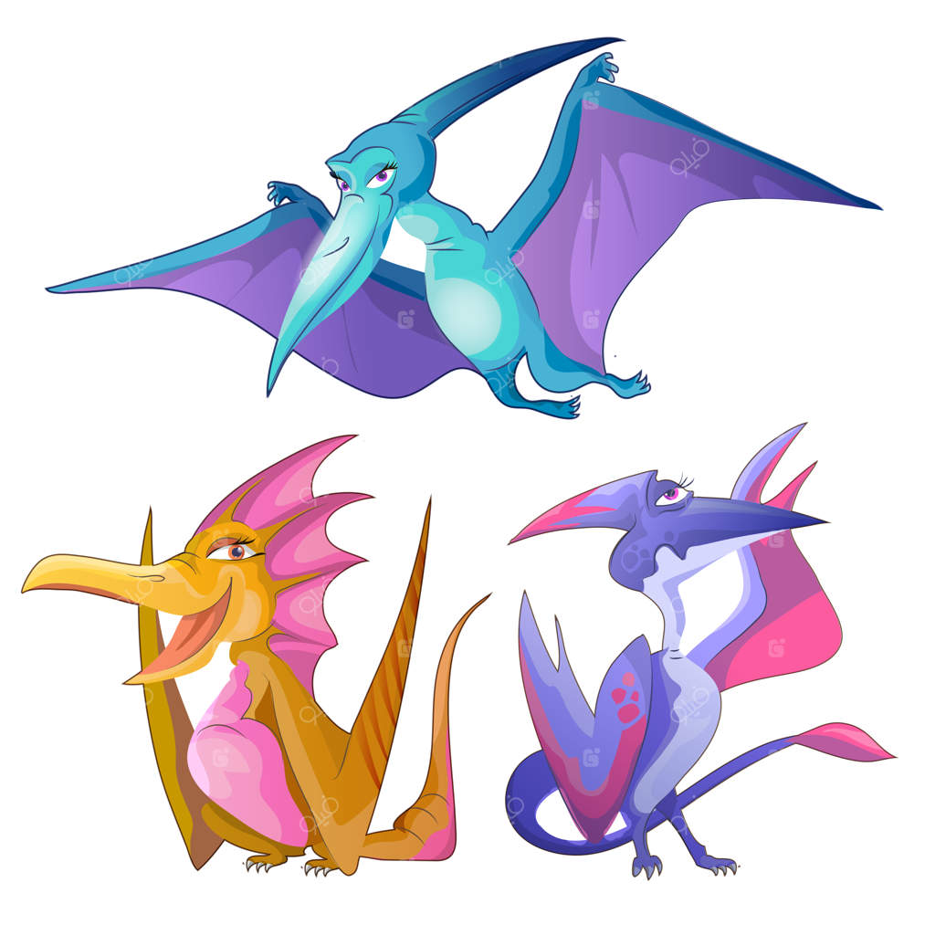 مجموعه کارتونی دایناسورهای پرنده بامزه: کلکسیون شخصیت‌های پترو. مناسب برای طراحی چاپی کارت تبریک، بنر، پوستر و قالب بروشور.