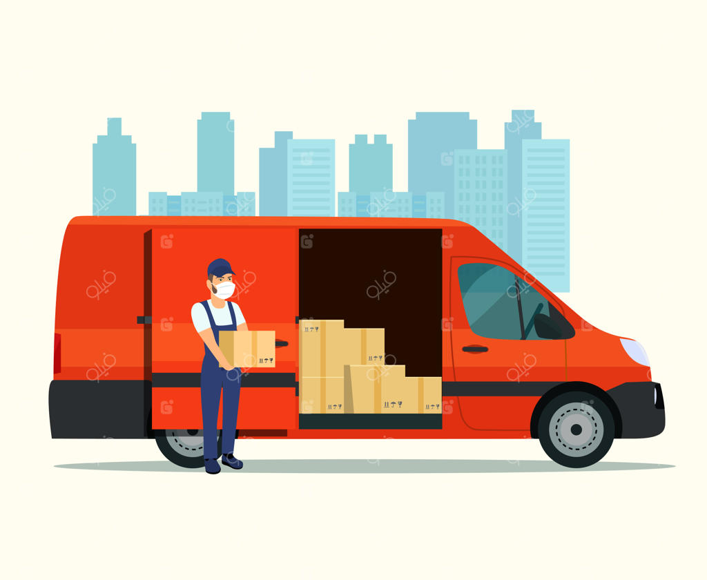 پیک تحویل‌دهنده با ماسک پزشکی و جعبه‌های مقوایی در ون باربری