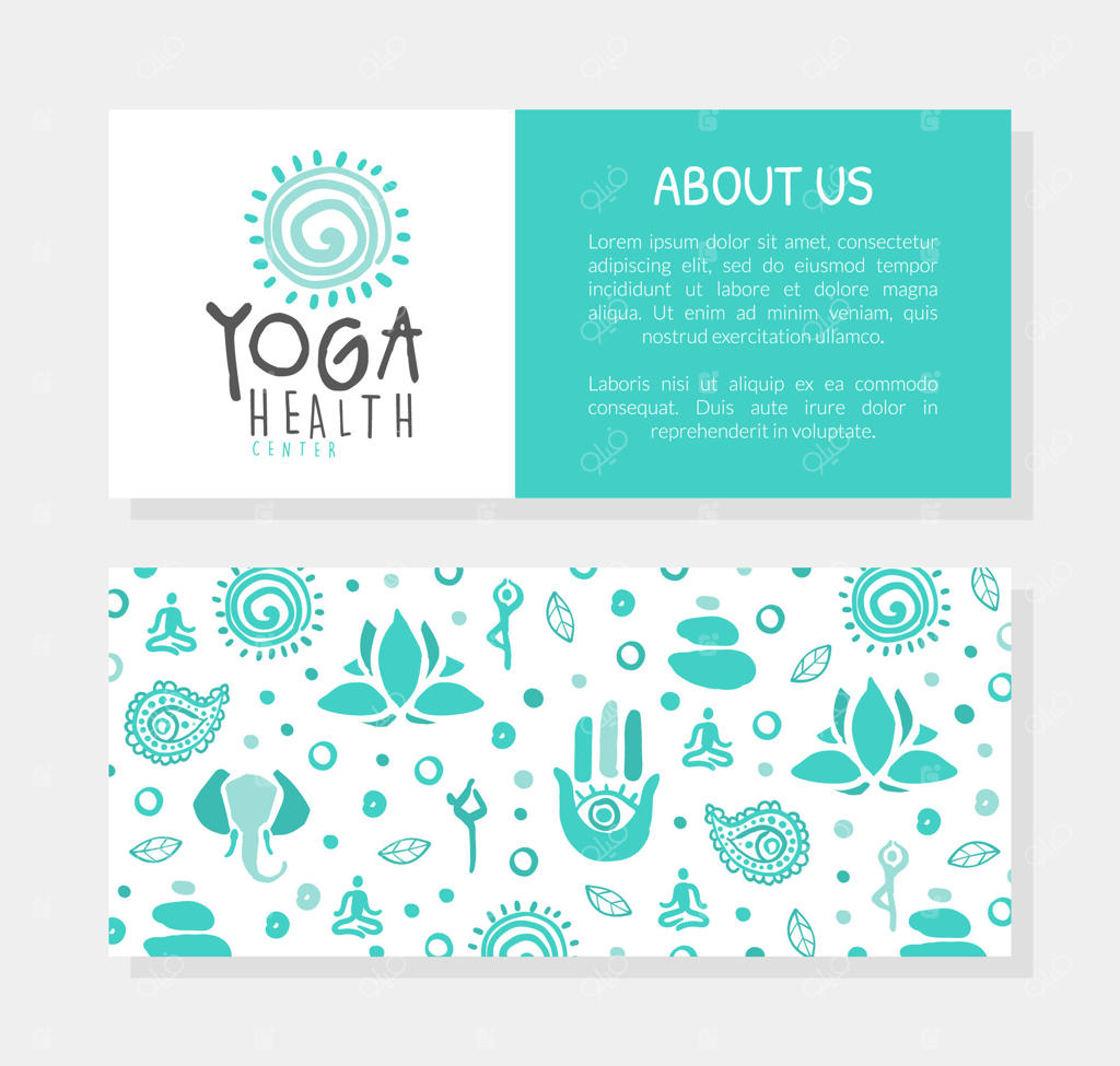 کارت ویزیت استودیو سلامتی یوگا، طراحی قالب با جلوی و پشت کارت و الگوی یکپارچه، آیورودا، کلاس‌های مدیتیشن و تمرینات معنوی با تصویر دستی