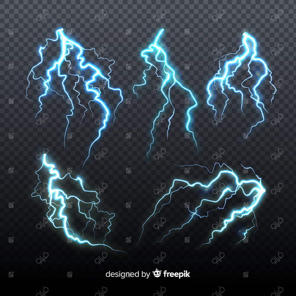 مجموعه‌ای از رعد و برق آبی بر روی پس‌زمینه شفاف