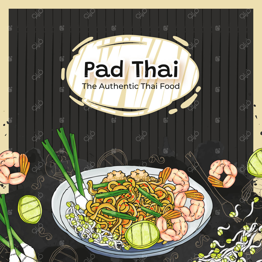 پس‌زمینه‌ای از غذای اصیل تایلندی: پد تای طراحی شده با دست