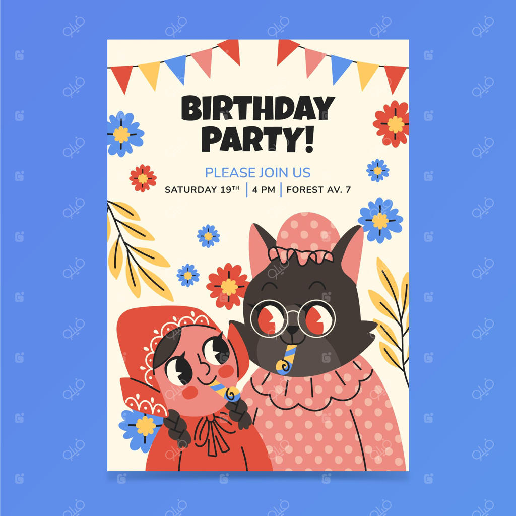 دعوت‌نامه تولد شنل قرمزی با طراحی دستی