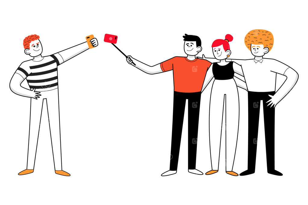 نقاشی دست‌کشیده مردم در حال سلفی گرفتن