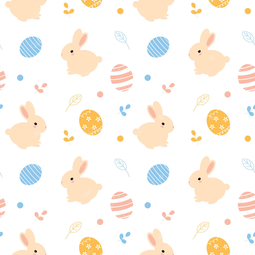 پترن یکپارچه با خرگوش‌ها و تخم‌مرغ‌های عید پاک روی زمینه سفید. طرح خرگوش‌ها به رنگ بژ.