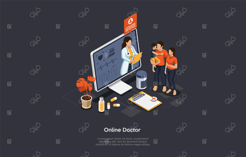 مفهوم ایزومتریک مراقبت‌های بهداشتی: مشاوره پزشکی و دکتر آنلاین. خانواده در وقت ملاقات با دکتر آنلاین. پشتیبانی پزشکی آنلاین با دکتر زن روی صفحه نمایش. تصویرسازی کارتونی.
