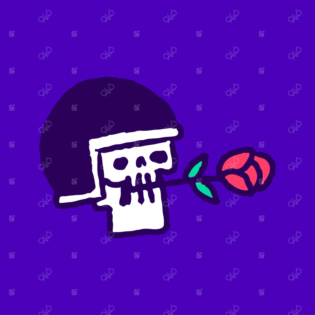 تصویر کارتونی جمجمه سوارکار با گل رز، مناسب برای چاپ روی تی‌شرت و برچسب‌ها.