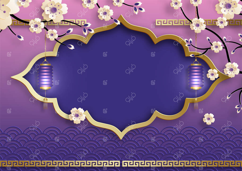 قاب چینی با عناصر شرقی آسیایی روی زمینه رنگی