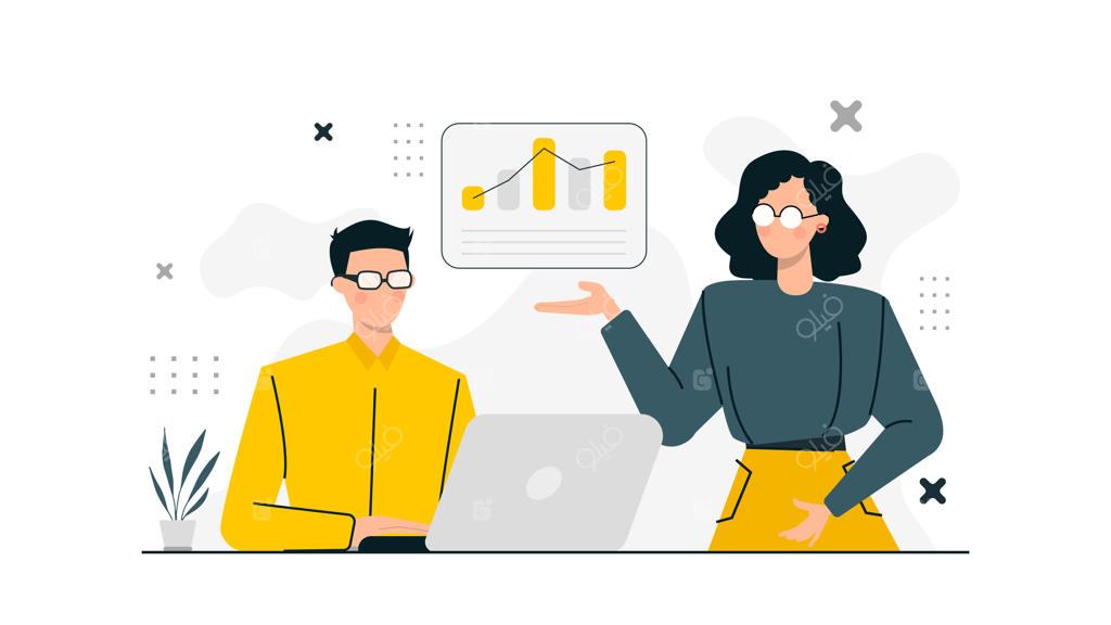 دو نفر در دفتر کار در حال توضیح دادن نمودار رشد کسب‌وکار هستند.