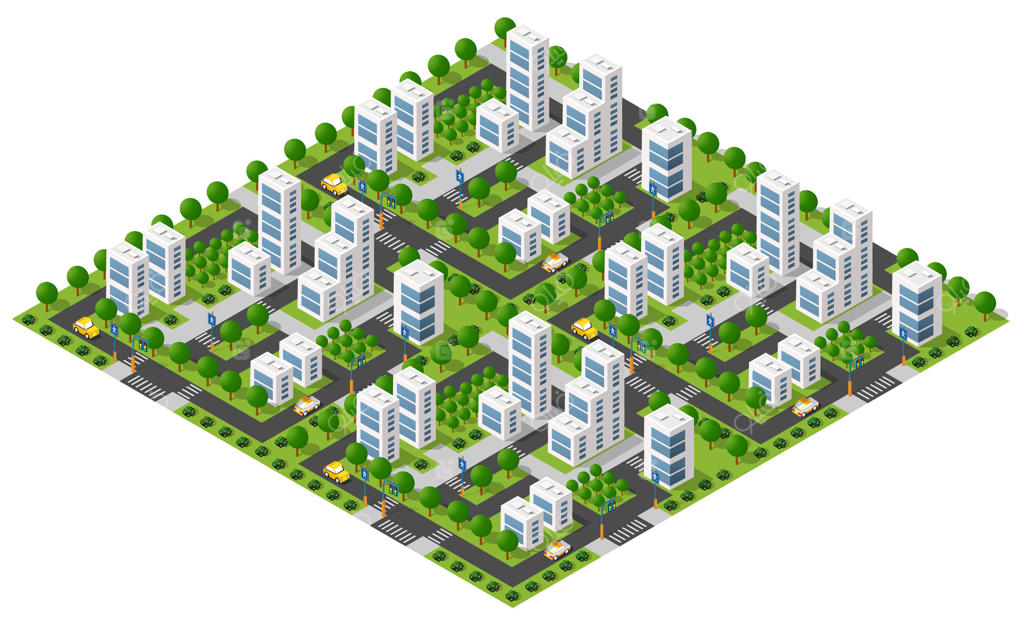 وکتور حرفه‌ای چشم‌انداز شهری مدرن با المان‌های شهری