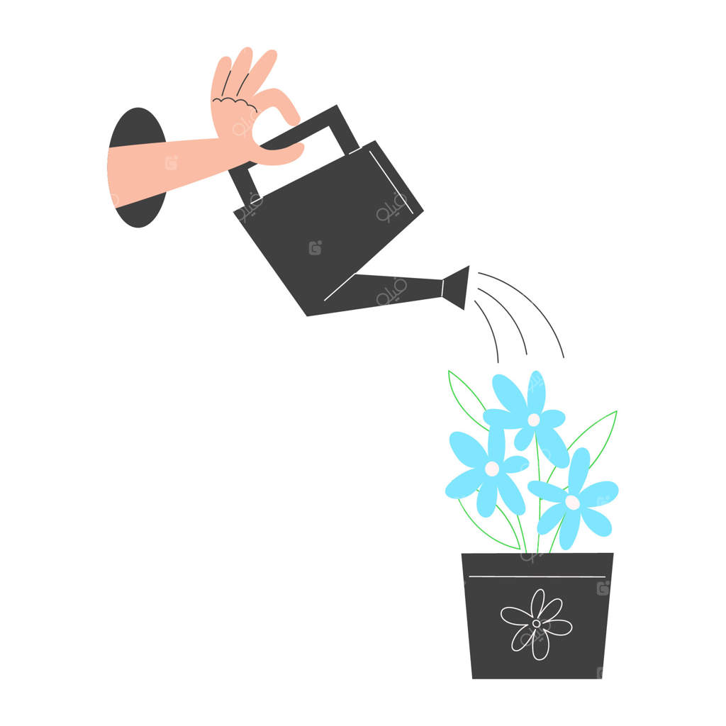 آبیاری دستی گل‌ها در گلدان با آبپاش باغچه. مفهوم روز زمین، مراقبت از طبیعت. تصویرسازی تخت.