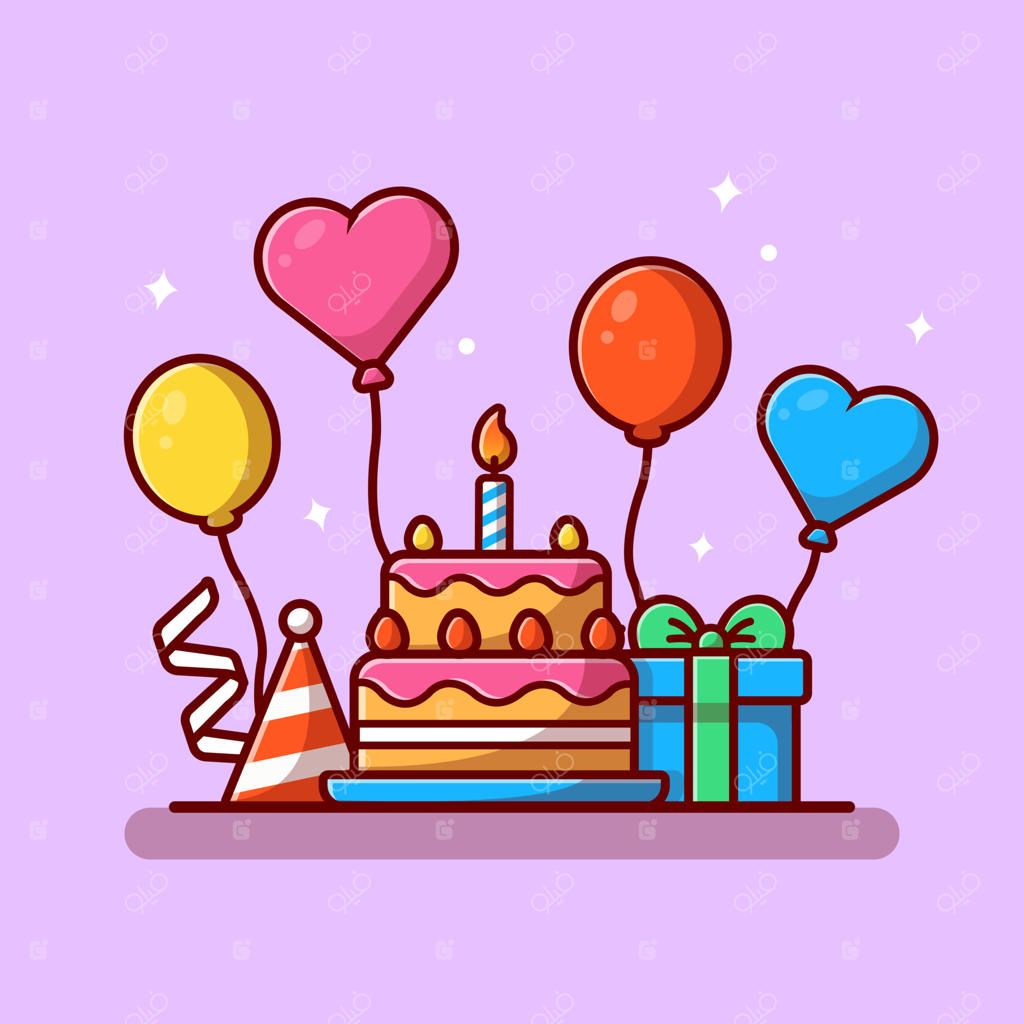 تصویر وکتور جعبه هدیه و کیک تولد کارتونی. آیکون تفریح غذایی، آیکون ویژه جداگانه. سبک کارتونی ساده
