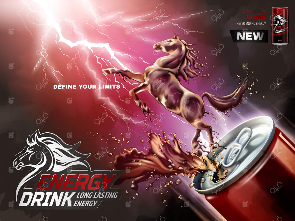 تبلیغات نوشابه انرژی زا: اسب مایع در حال پرش از قوطی با نوشیدنی‌های پاشیده و پس زمینه رعد و برق در تصویرسازی سه‌بعدی