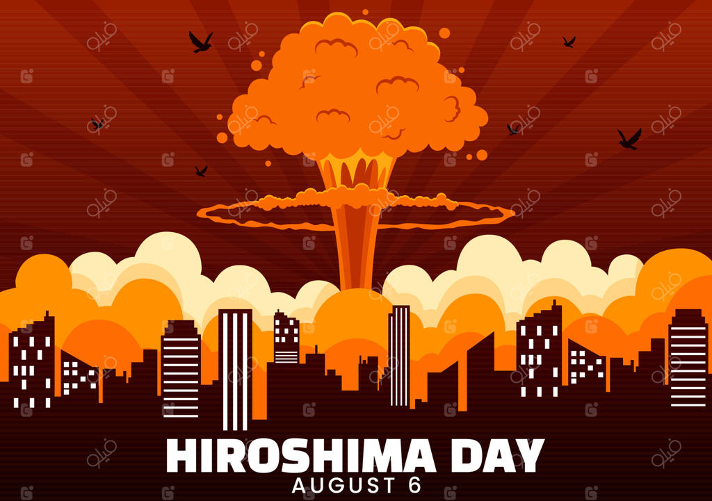 تصویرسازی روز هیروشیما برای ۶ اوت با کبوتر صلح و پس‌زمینه‌ای از انفجار هسته‌ای به سبک کارتونی ساده