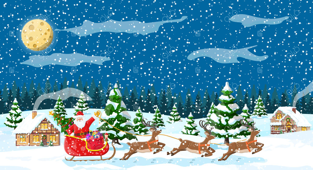 درختان منظره و سورتمه بابانوئل با گوزن‌ها