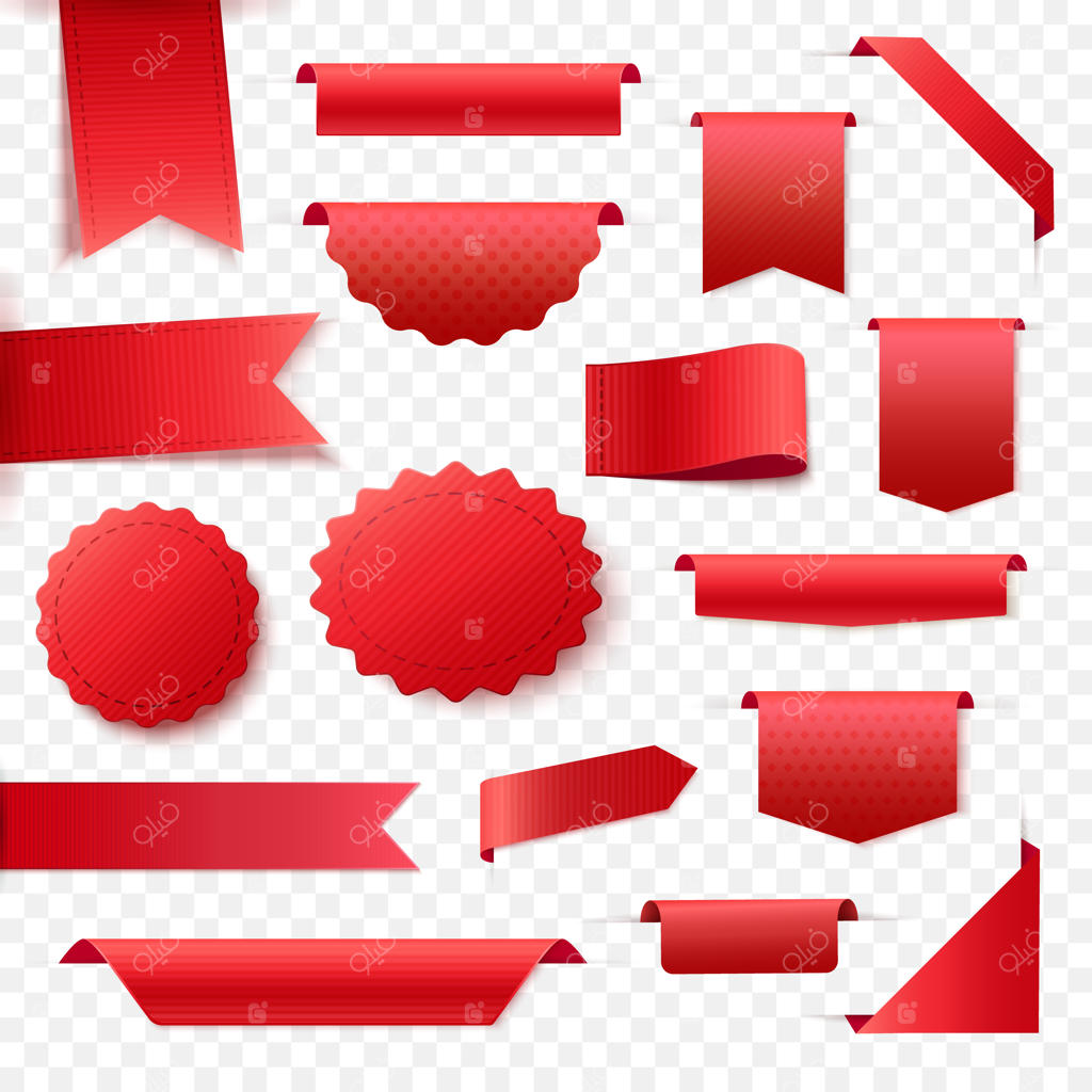 مجموعه‌ای از روبان‌ها و بنرهای قرمز خالی: برچسب‌ها و لیبل‌ها برای طراحی هرگونه تبلیغات.