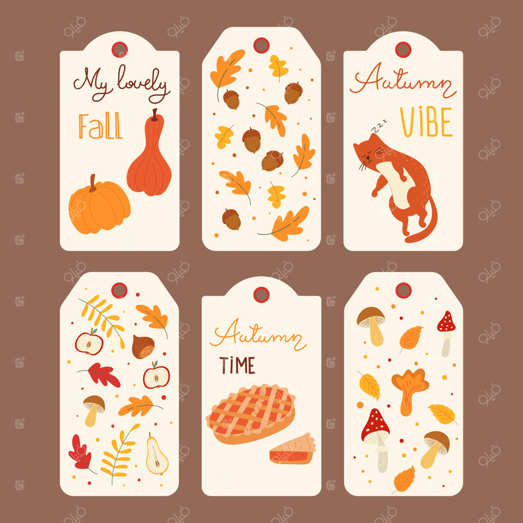 مجموعه‌ای از برچسب‌ها و تگ‌های پاییزی با نقش‌های کدو تنبل، گربه خوابیده و طرح‌های پاییزی