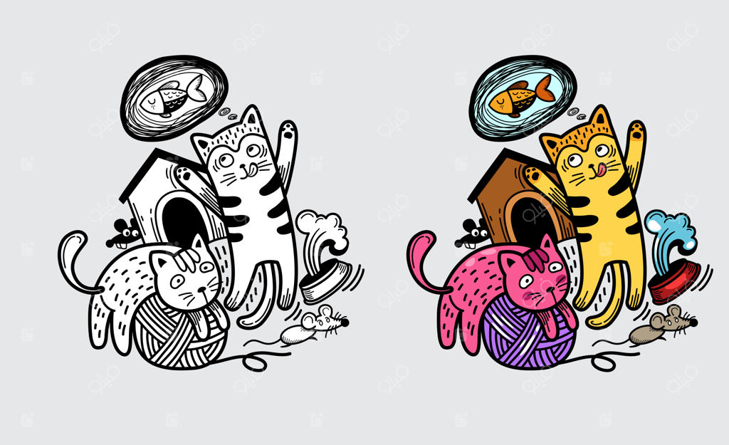 تصویرسازی گربه رنگی و سیاه و سفید جدا شده برای کتاب رنگ‌آمیزی