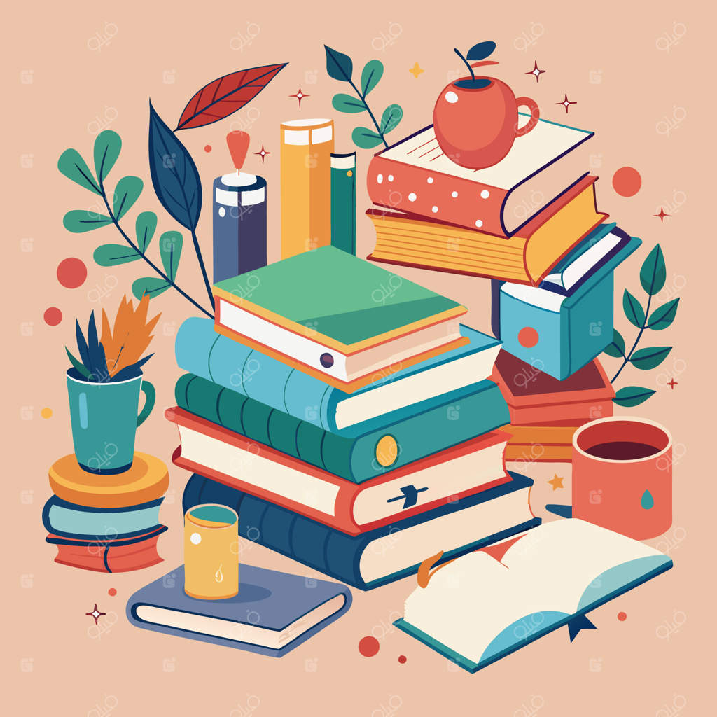 تصویرسازی خلاقانه و رنگارنگ آموزشی با کتاب‌ها و لوازم تحریر مدرسه