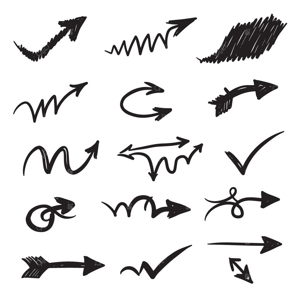 مجموعه‌ای از فلش‌های دست‌ساز مشکی در جهت‌های مختلف برای نمایش جهت‌های گرافیکی متفاوت