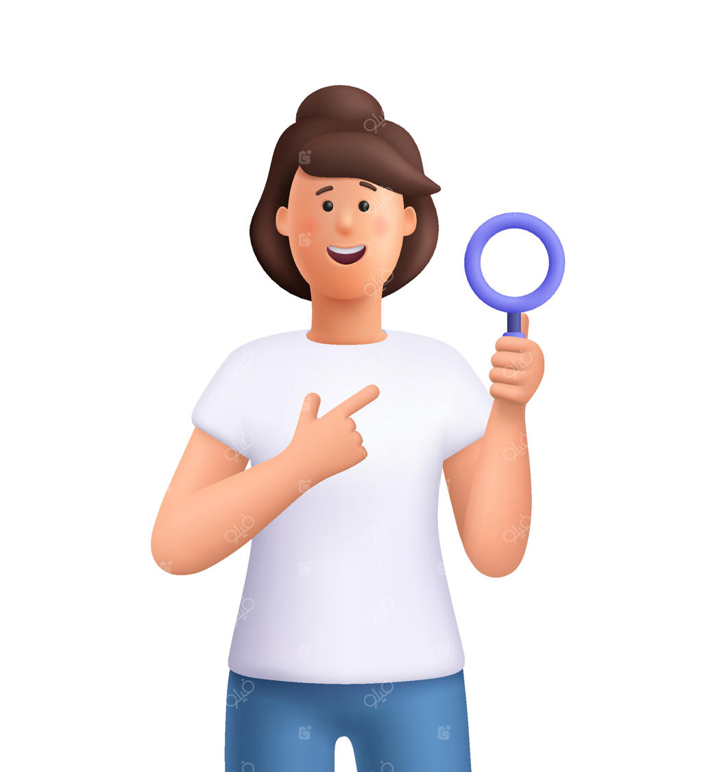 زن جوان خندان به نام جین در حال نگه داشتن ذره‌بین. مفهوم جستجو، تحقیق و کشف. شخصیت سه‌بعدی کارتونی با سبک مینیمال.