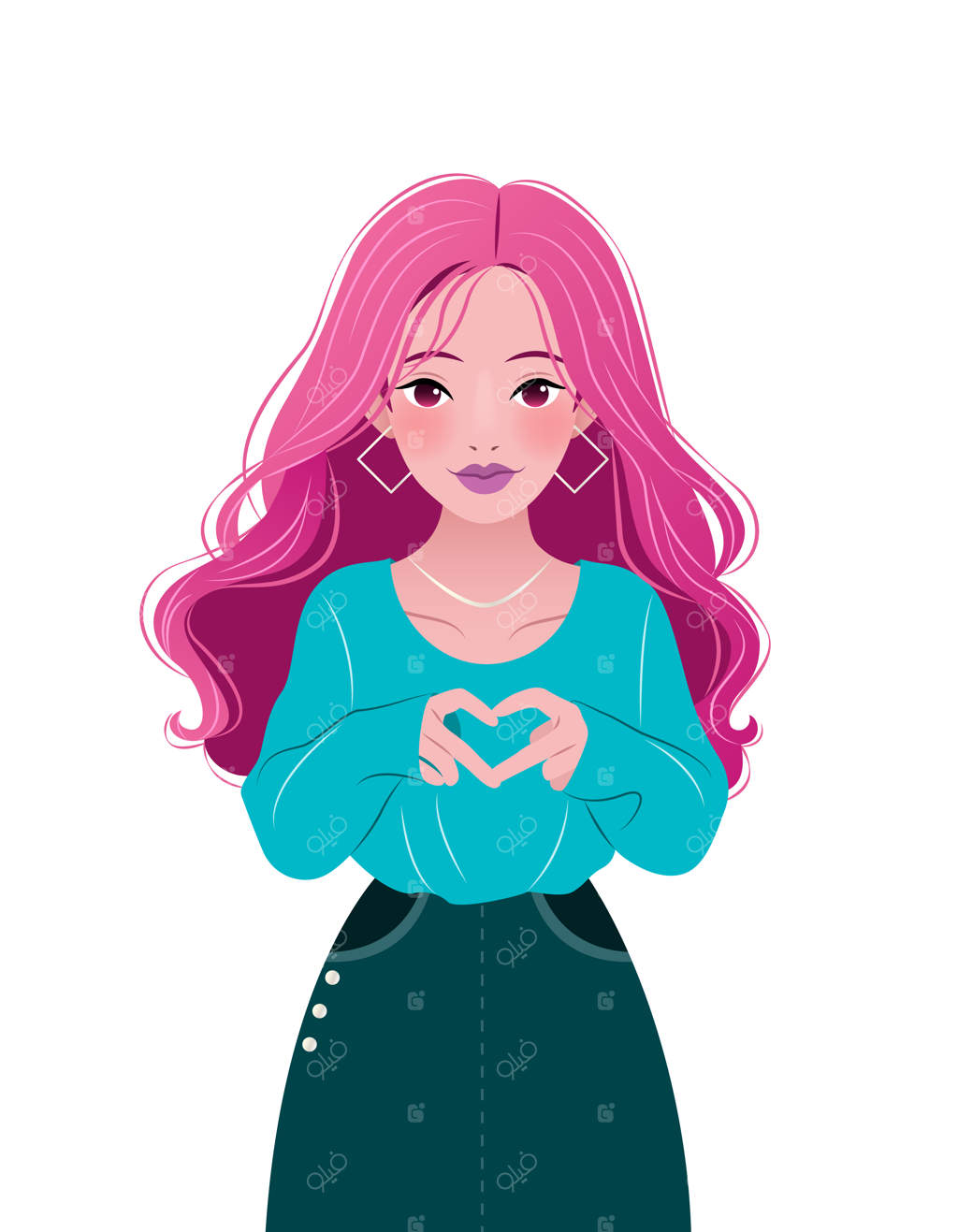 زن جوان زیبا با دست‌هایش علامت قلب را نشان می‌دهد - تصویرسازی وکتور برای چاپ پوسترها